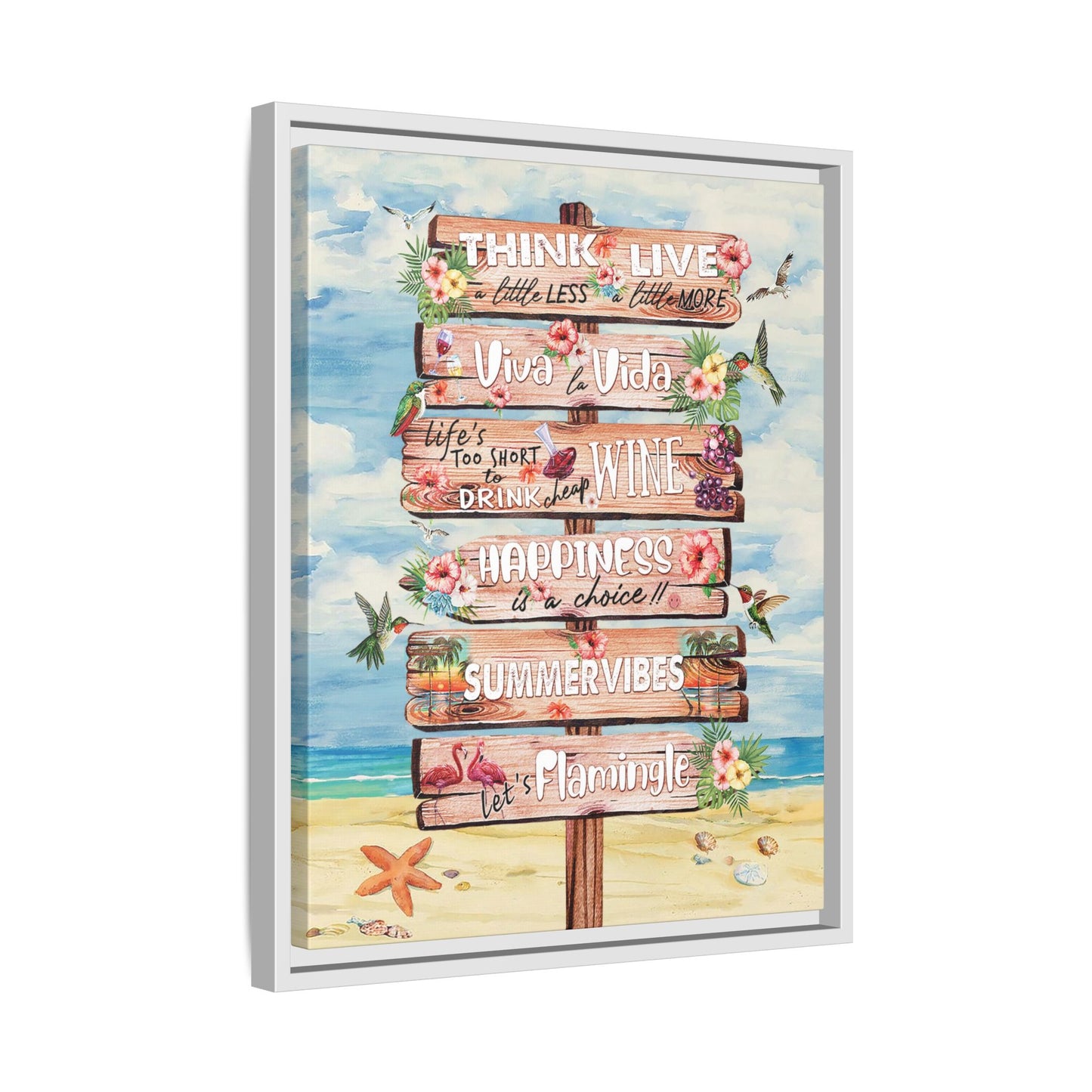 Beach Signpost Wall Art Print — 'Think Live, Viva La Vida, Summer Vibes' Matte Framed Canvas