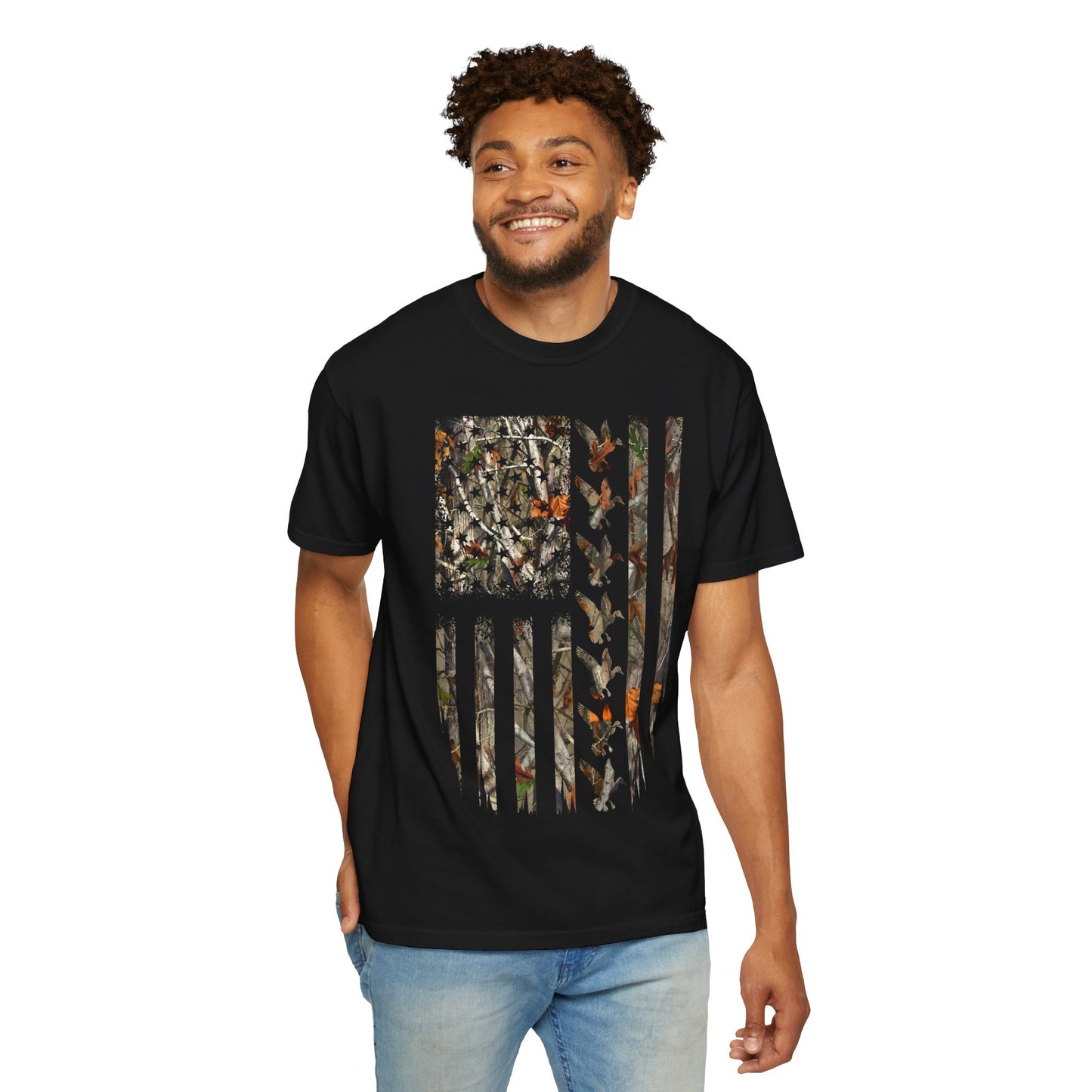 Camo American Flag T‑Shirt — Outdoors Hunting Patriotic Tee