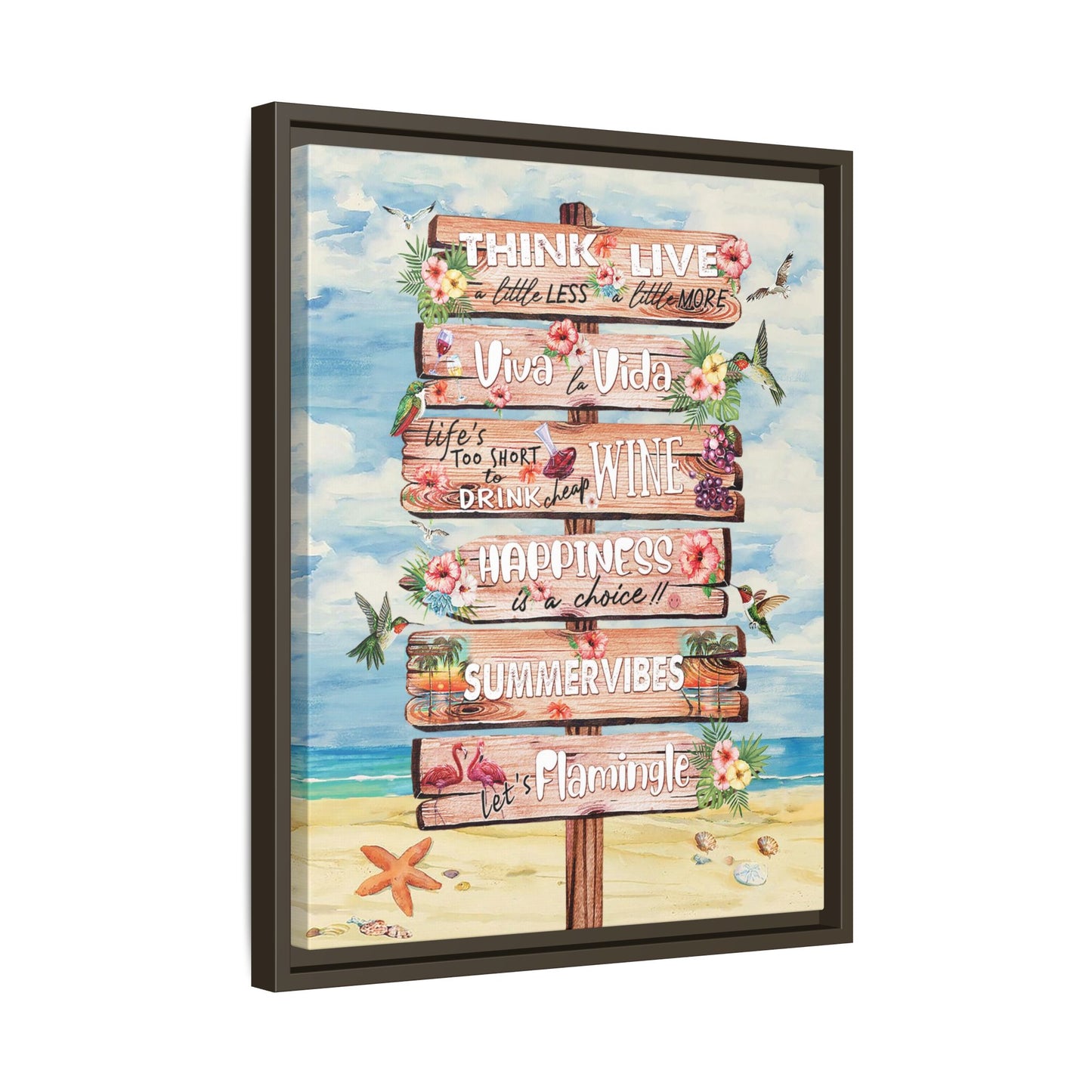 Beach Signpost Wall Art Print — 'Think Live, Viva La Vida, Summer Vibes' Matte Framed Canvas