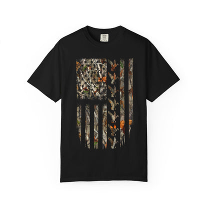 Camo American Flag T‑Shirt — Outdoors Hunting Patriotic Tee