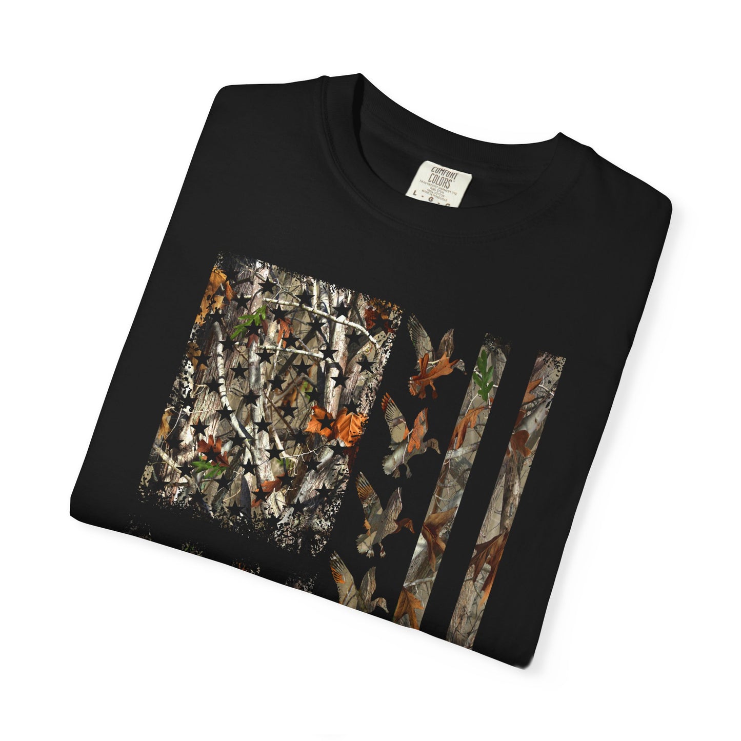 Camo American Flag T‑Shirt — Outdoors Hunting Patriotic Tee