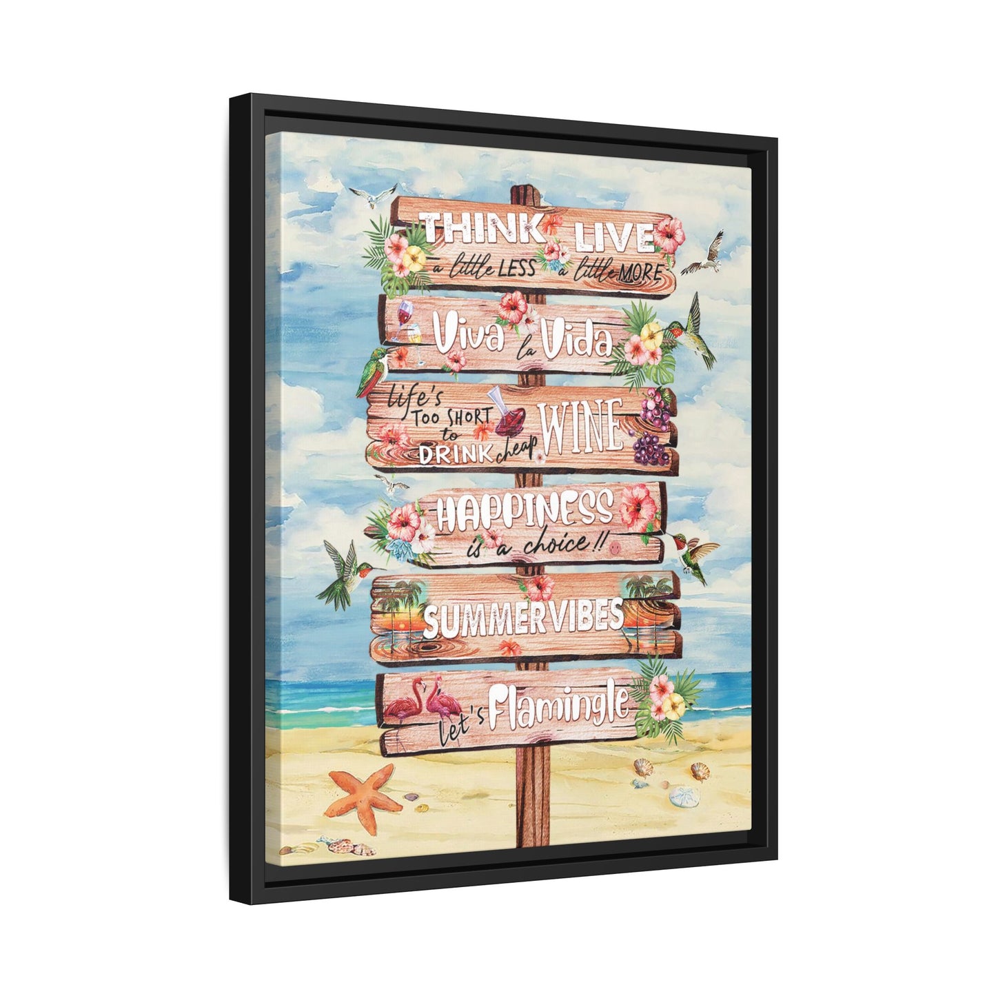 Beach Signpost Wall Art Print — 'Think Live, Viva La Vida, Summer Vibes' Matte Framed Canvas