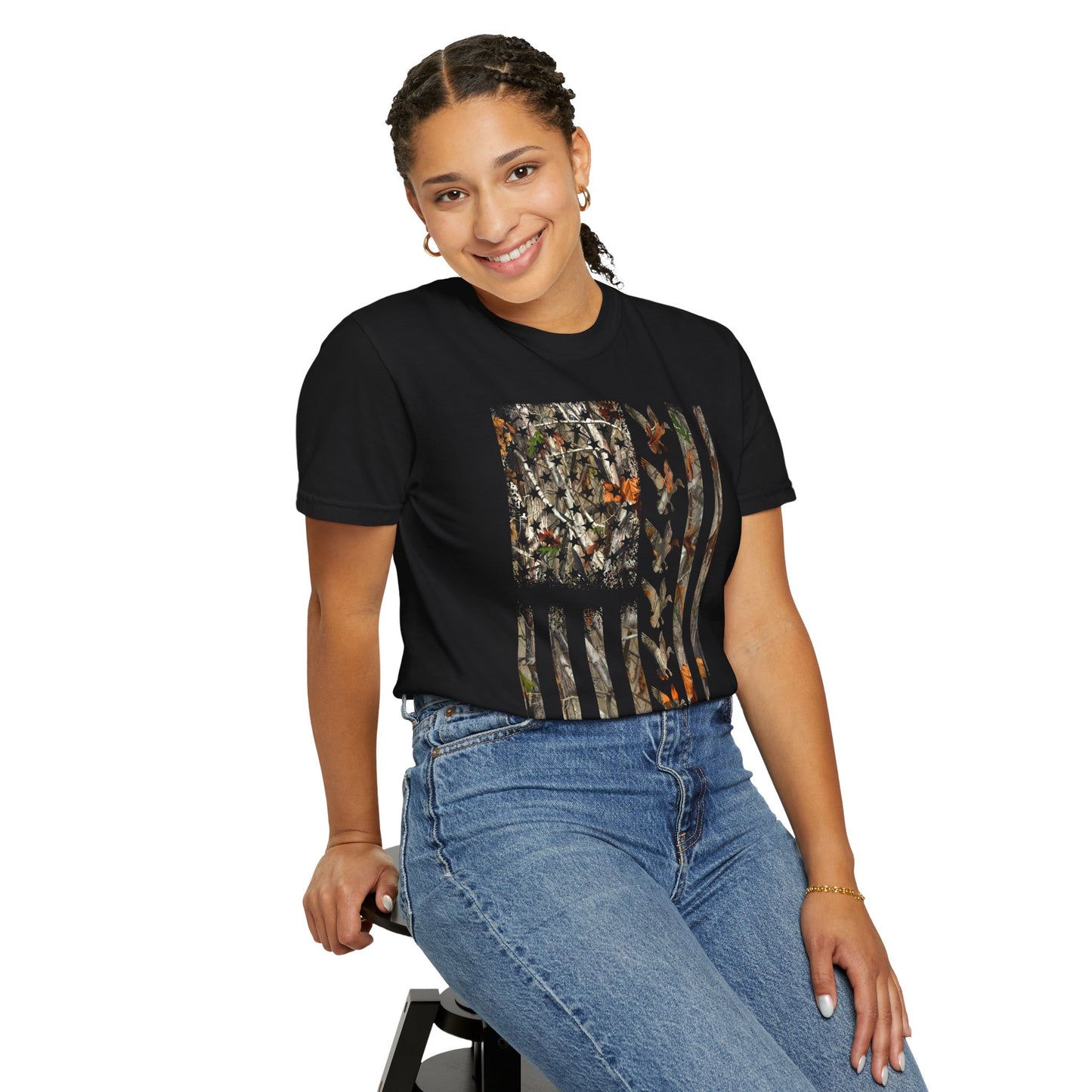 Camo American Flag T‑Shirt — Outdoors Hunting Patriotic Tee