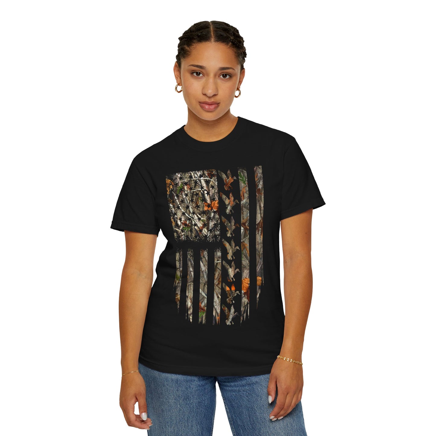 Camo American Flag T‑Shirt — Outdoors Hunting Patriotic Tee