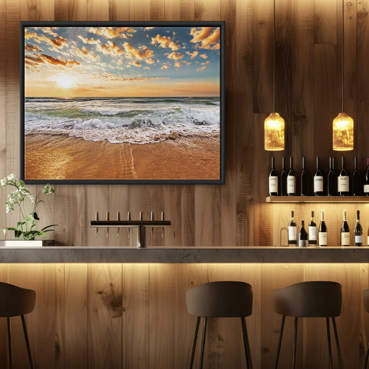 Bar setting with a large screen displaying a beach scene, wine bottles on shelves, and chairs.