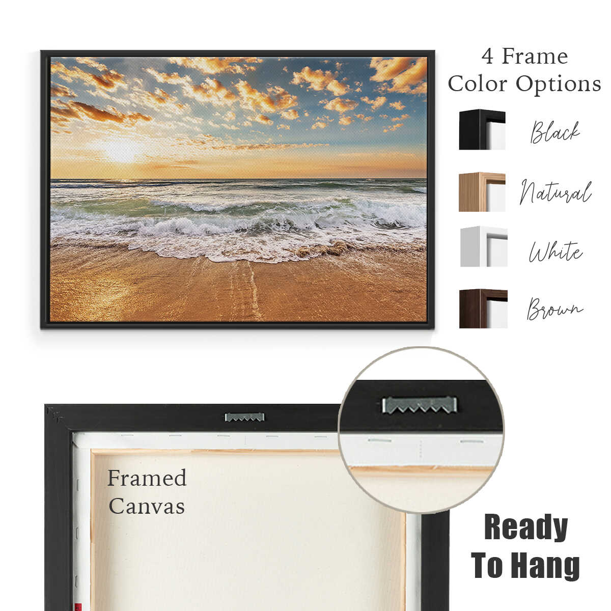 Framed canvas print of a beach scene with frame color options displayed.