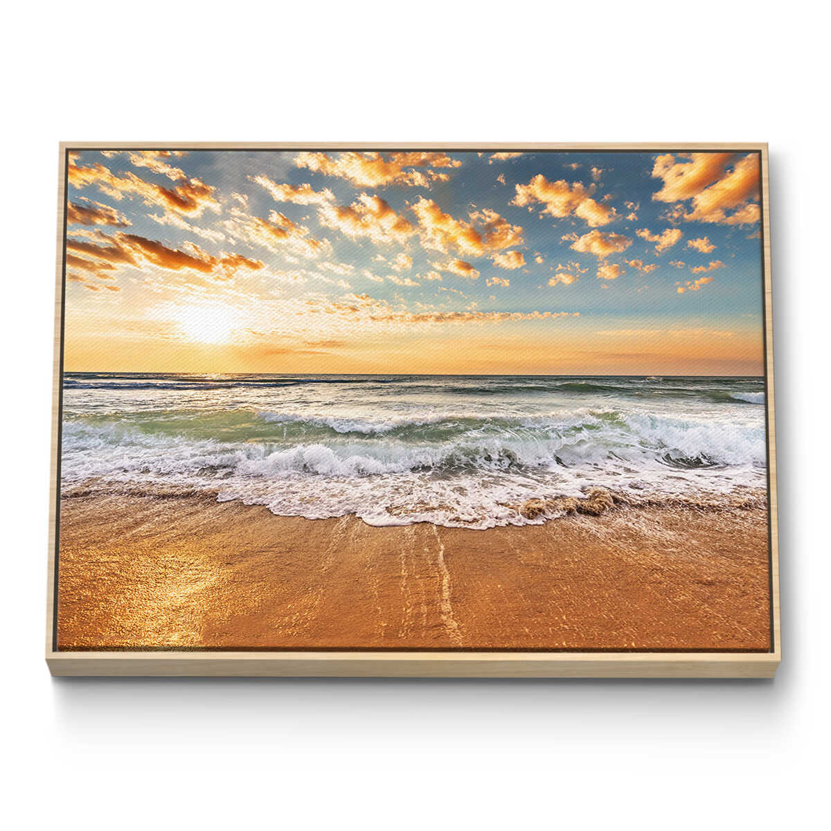 Framed artwork of a beach scene with sunset over the ocean.