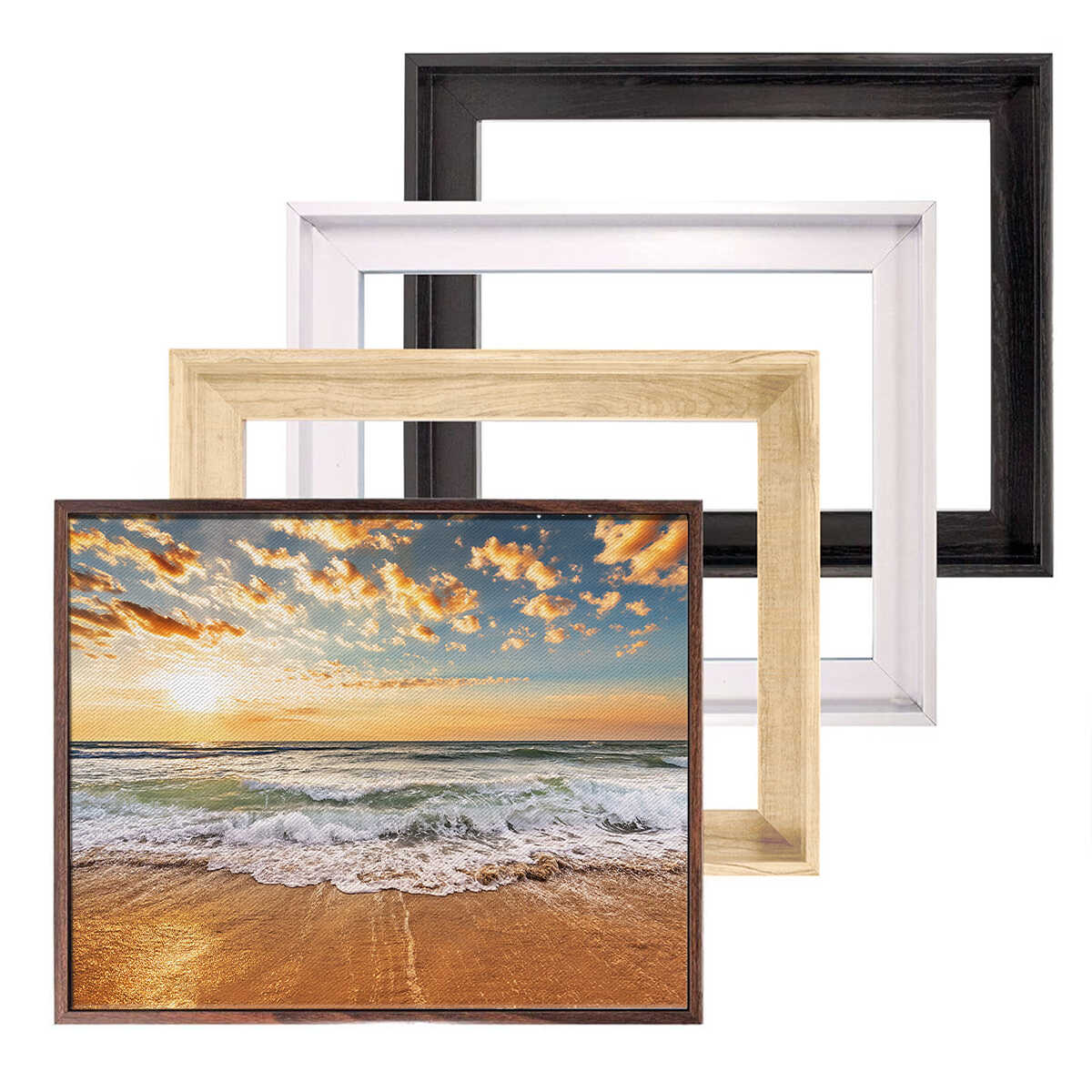 Set of four picture frames with a beach scene print on a white background