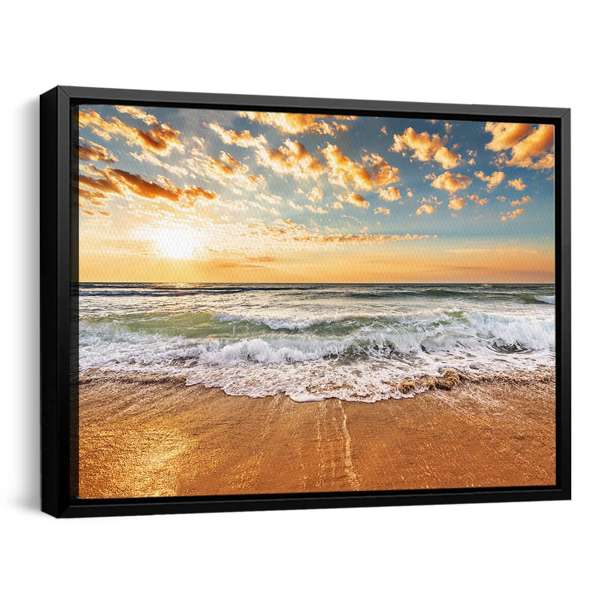 Framed artwork of a beach scene with sunset and ocean waves.
