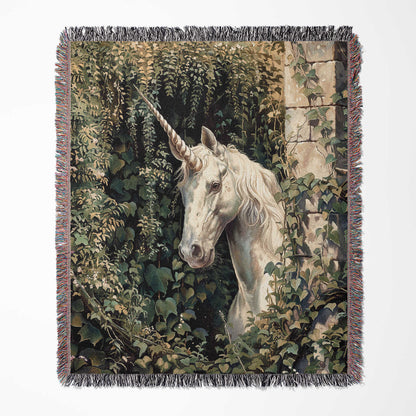 Unicorn Woven Blanket – Vintage Fantasy Tapestry Throw, Whimsical Forest Home Decor, Magical Gift