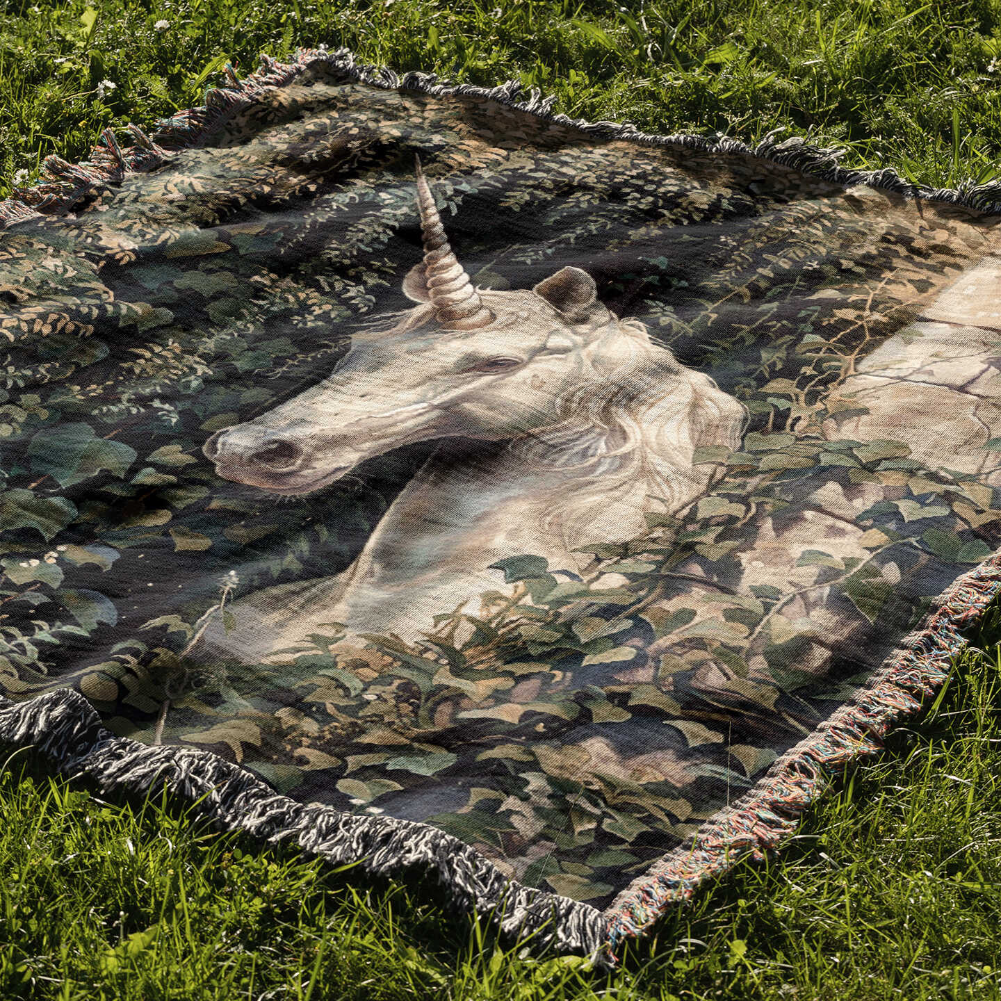 Unicorn Woven Blanket – Vintage Fantasy Tapestry Throw, Whimsical Forest Home Decor, Magical Gift